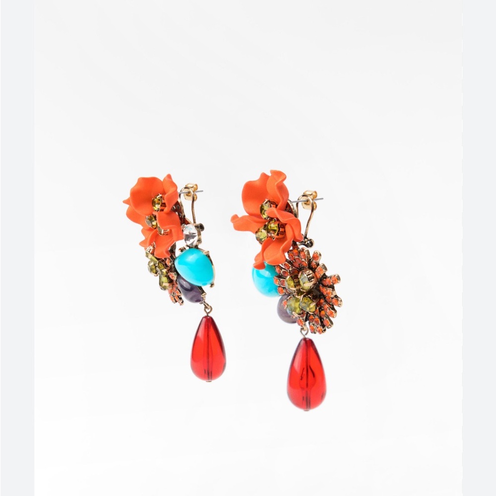 Zara NWT beaded floral earrings with rhinestones - Picture 3 of 5
